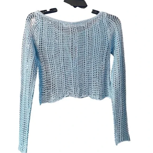 Silence and Noise Blue Crochet Knit Crop Top Long Sleeve‎ Beach Cover Up S Xs - Picture 3 of 4